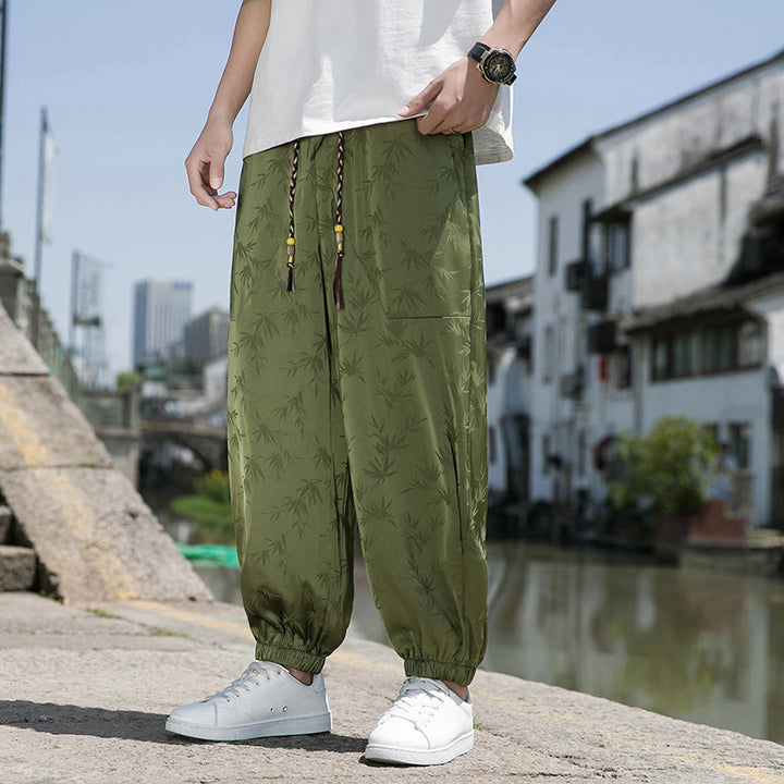Buddha Stones夏 アイスシルク ジャカード 竹柄 メンズ ドローストリング コットンパンツ ポケット付き