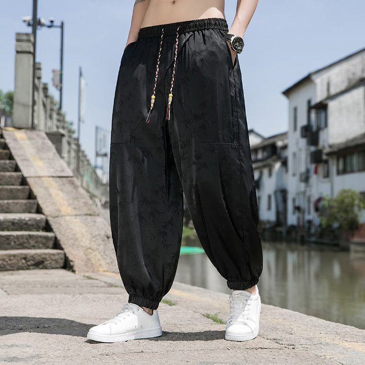 Buddha Stones夏 アイスシルク ジャカード 竹柄 メンズ ドローストリング コットンパンツ ポケット付き