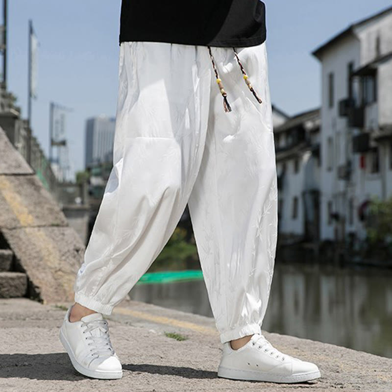 Buddha Stones夏 アイスシルク ジャカード 竹柄 メンズ ドローストリング コットンパンツ ポケット付き