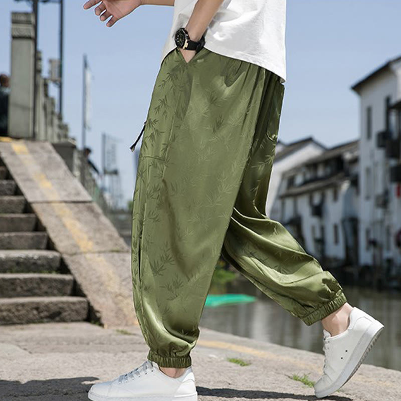 Buddha Stones夏 アイスシルク ジャカード 竹柄 メンズ ドローストリング コットンパンツ ポケット付き