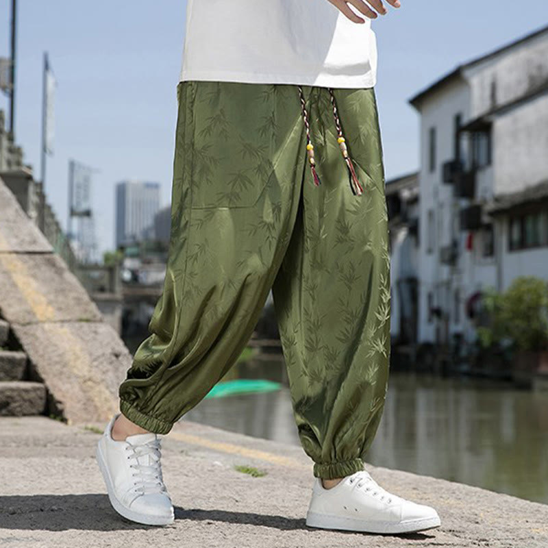 Buddha Stones夏 アイスシルク ジャカード 竹柄 メンズ ドローストリング コットンパンツ ポケット付き