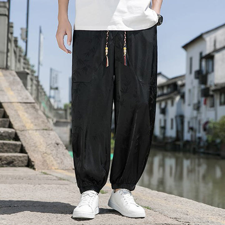 Buddha Stones夏 アイスシルク ジャカード 竹柄 メンズ ドローストリング コットンパンツ ポケット付き