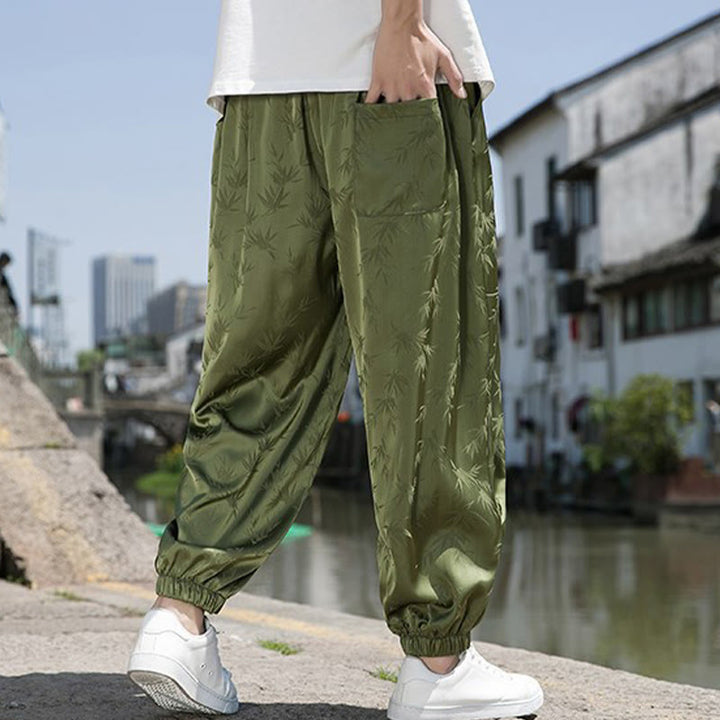 Buddha Stones夏 アイスシルク ジャカード 竹柄 メンズ ドローストリング コットンパンツ ポケット付き