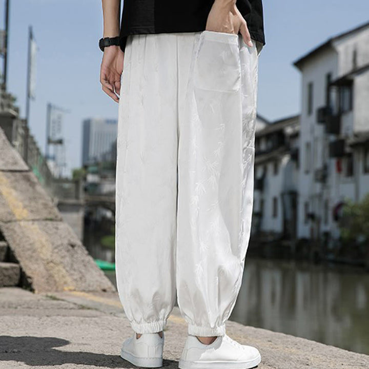 Buddha Stones夏 アイスシルク ジャカード 竹柄 メンズ ドローストリング コットンパンツ ポケット付き