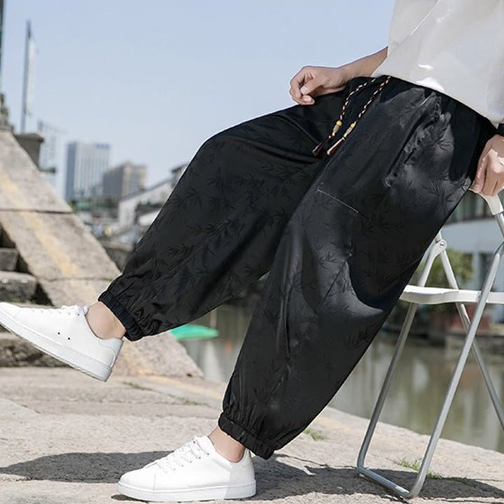 Buddha Stones夏 アイスシルク ジャカード 竹柄 メンズ ドローストリング コットンパンツ ポケット付き
