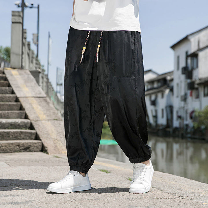 Buddha Stones夏 アイスシルク ジャカード 竹柄 メンズ ドローストリング コットンパンツ ポケット付き