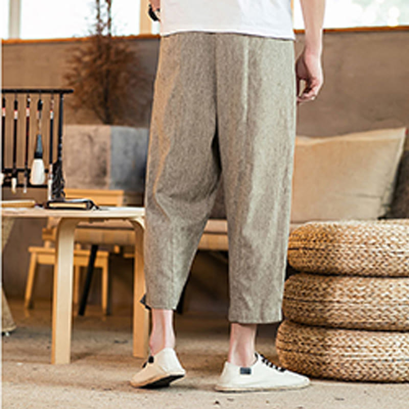 Buddha Stonesカジュアル 無地 ドローストリング メンズ 伸縮性ウエストバンド コットンリネン パンツ ポケット付き - image 4