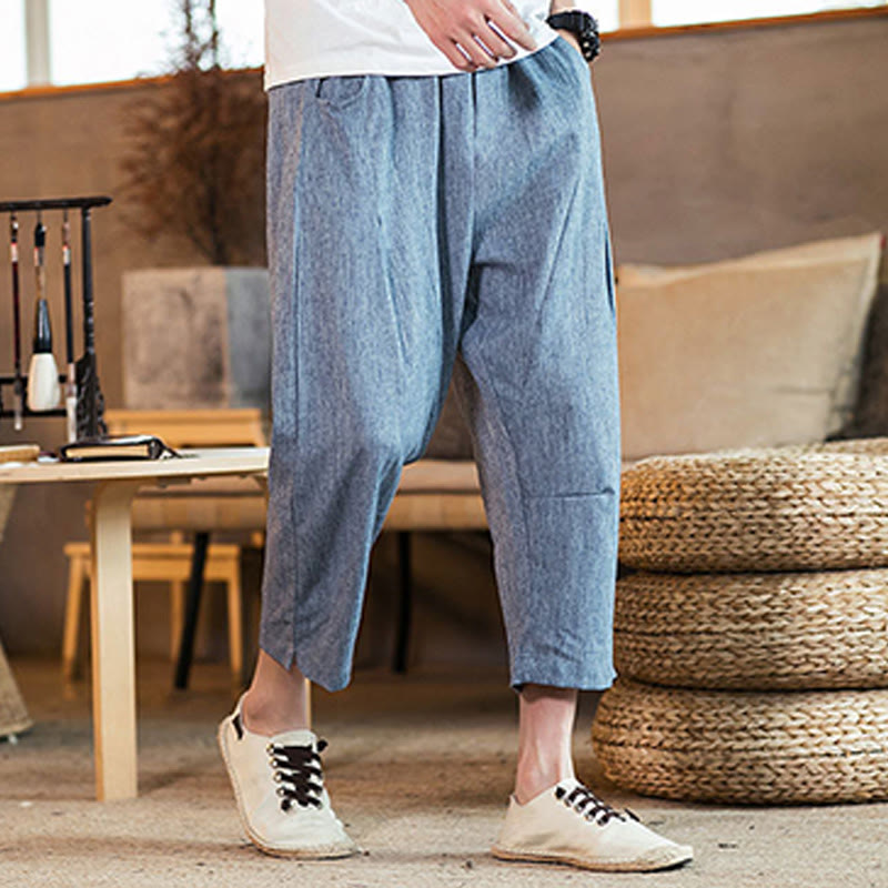 Buddha Stonesカジュアル 無地 ドローストリング メンズ 伸縮性ウエストバンド コットンリネン パンツ ポケット付き - スティールブルー - US/UK/AU46、 EU56 (5XL) - image 33