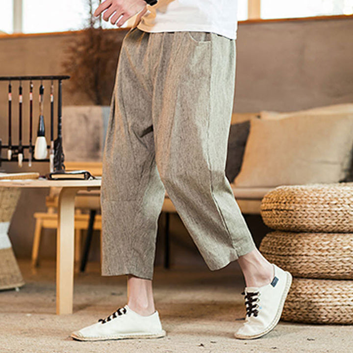 Buddha Stonesカジュアル 無地 ドローストリング メンズ 伸縮性ウエストバンド コットンリネン パンツ ポケット付き - image 1