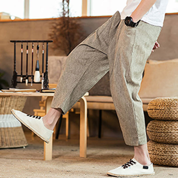 Buddha Stonesカジュアル 無地 ドローストリング メンズ 伸縮性ウエストバンド コットンリネン パンツ ポケット付き - image 6