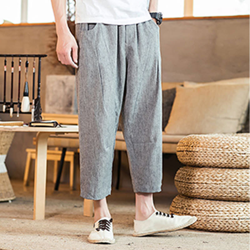 Buddha Stonesカジュアル 無地 ドローストリング メンズ 伸縮性ウエストバンド コットンリネン パンツ ポケット付き - image 22