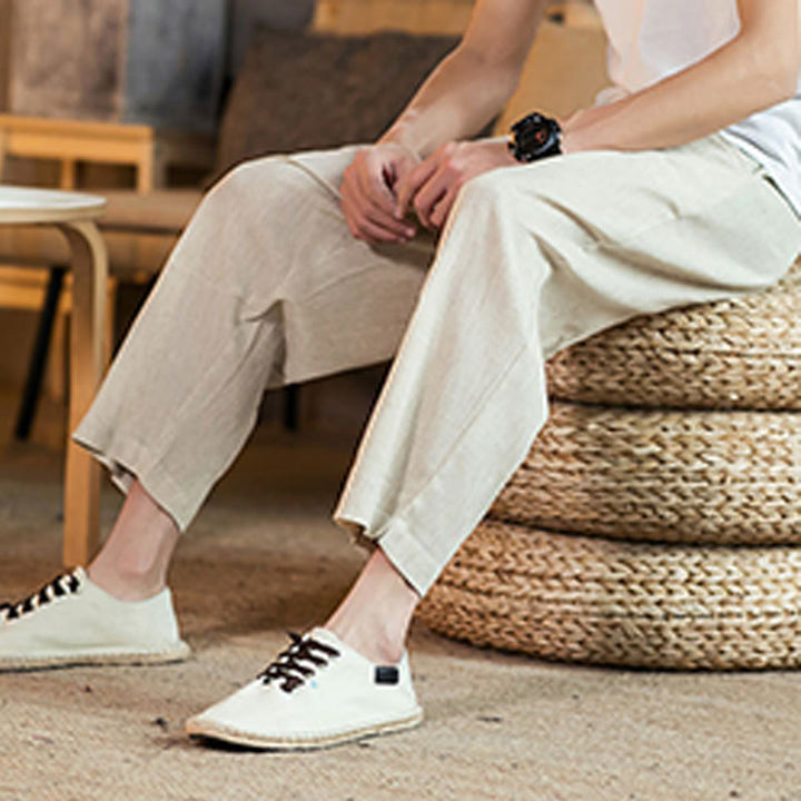 Buddha Stonesカジュアル 無地 ドローストリング メンズ 伸縮性ウエストバンド コットンリネン パンツ ポケット付き - image 46