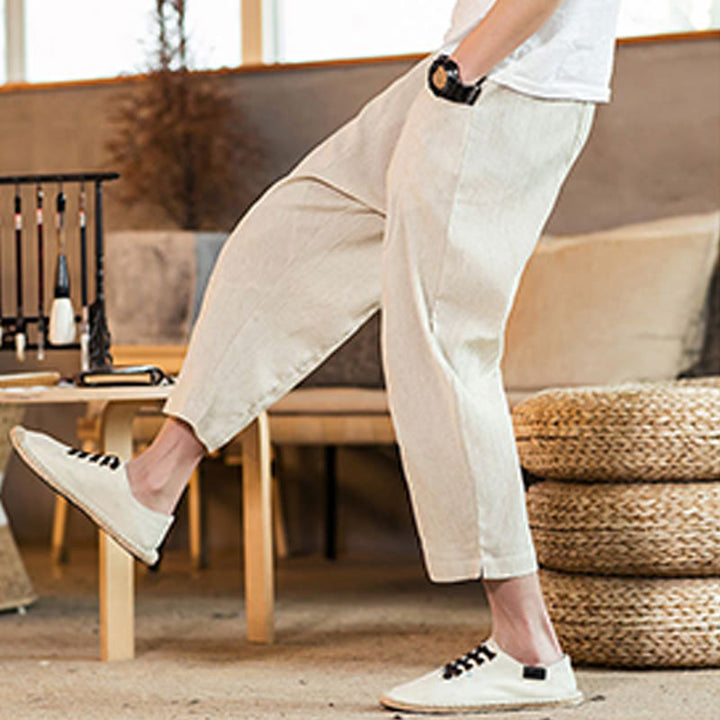 Buddha Stonesカジュアル 無地 ドローストリング メンズ 伸縮性ウエストバンド コットンリネン パンツ ポケット付き - image 45