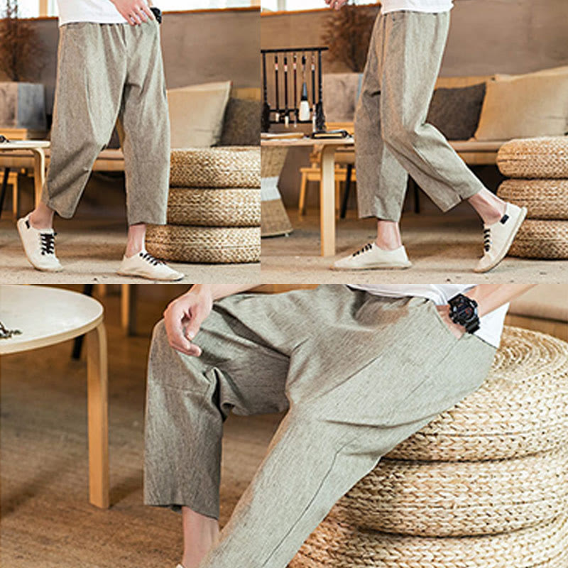 Buddha Stonesカジュアル 無地 ドローストリング メンズ 伸縮性ウエストバンド コットンリネン パンツ ポケット付き - image 18