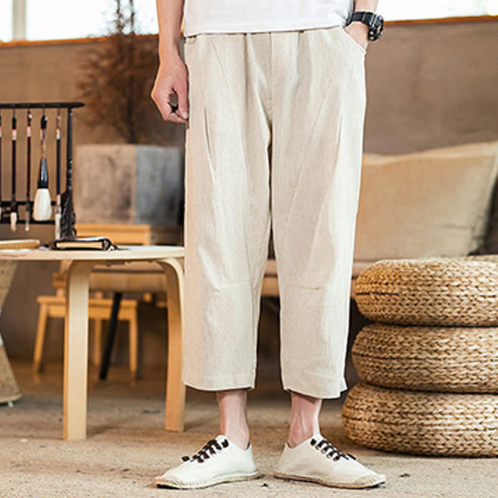 Buddha Stonesカジュアル 無地 ドローストリング メンズ 伸縮性ウエストバンド コットンリネン パンツ ポケット付き - image 41