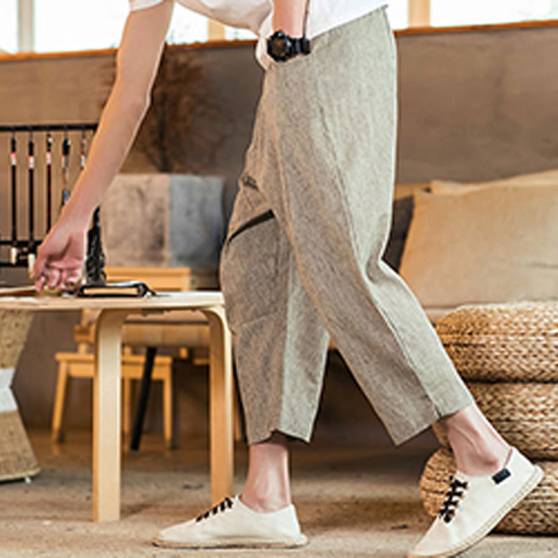 Buddha Stonesカジュアル 無地 ドローストリング メンズ 伸縮性ウエストバンド コットンリネン パンツ ポケット付き - image 5