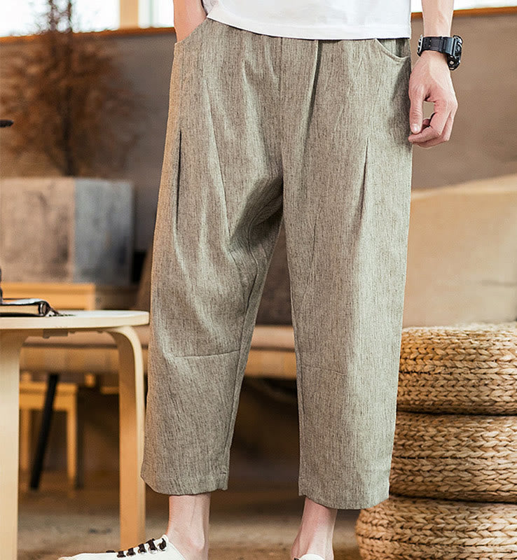 Buddha Stonesカジュアル 無地 ドローストリング メンズ 伸縮性ウエストバンド コットンリネン パンツ ポケット付き - image 7
