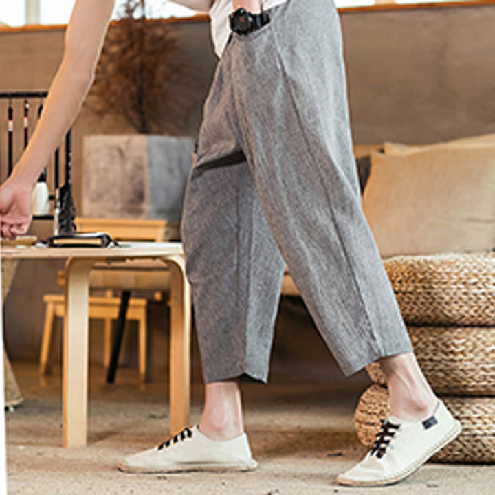 Buddha Stonesカジュアル 無地 ドローストリング メンズ 伸縮性ウエストバンド コットンリネン パンツ ポケット付き - image 23