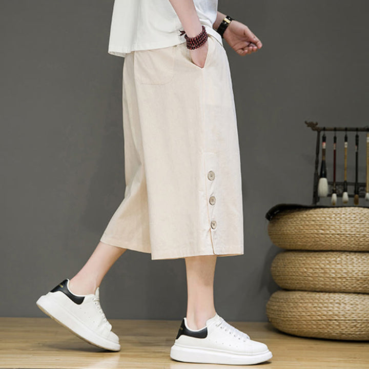 Buddha Stonesカジュアル 無地 サイドボタンデザイン ドローストリング メンズ コットン クロップドパンツ ポケット付き - image 6