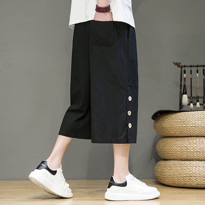 Buddha Stonesカジュアル 無地 サイドボタンデザイン ドローストリング メンズ コットン クロップドパンツ ポケット付き - image 14