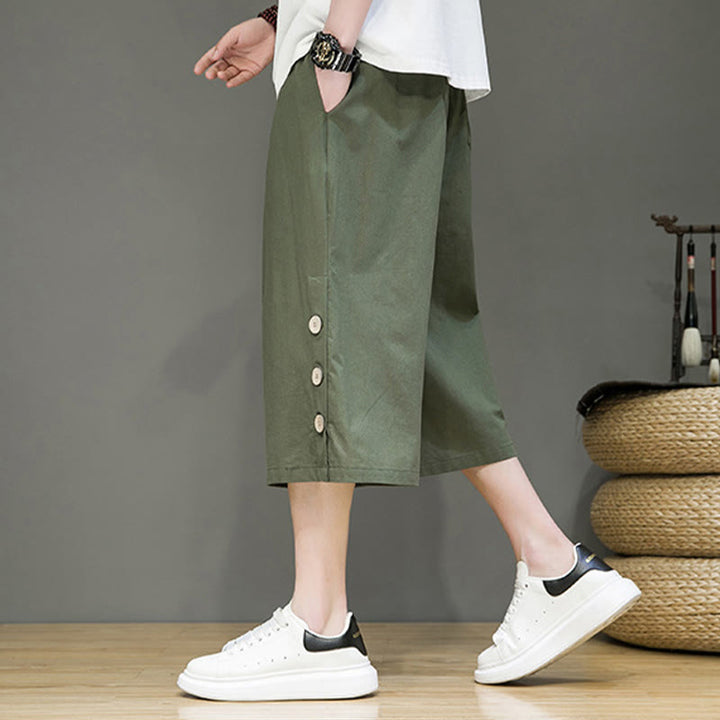 Buddha Stonesカジュアル 無地 サイドボタンデザイン ドローストリング メンズ コットン クロップドパンツ ポケット付き - image 21