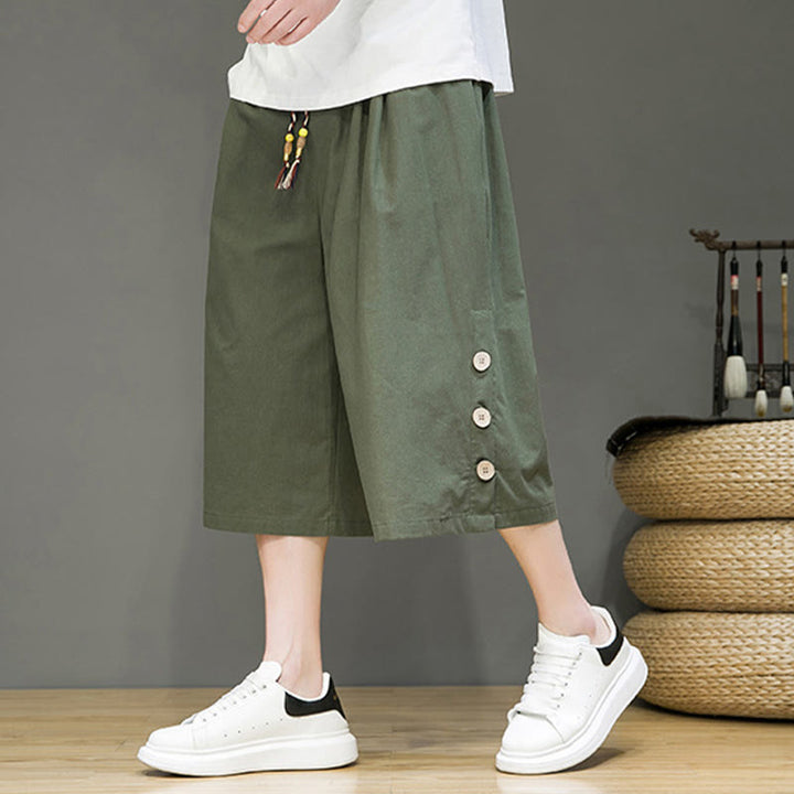 Buddha Stonesカジュアル 無地 サイドボタンデザイン ドローストリング メンズ コットン クロップドパンツ ポケット付き - image 17