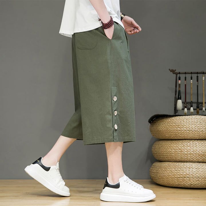 Buddha Stonesカジュアル 無地 サイドボタンデザイン ドローストリング メンズ コットン クロップドパンツ ポケット付き - image 20