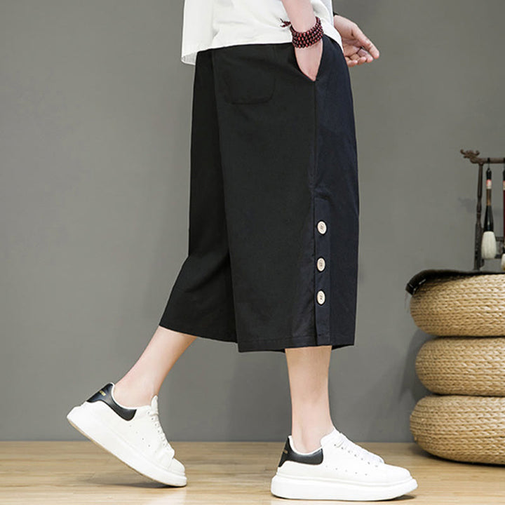 Buddha Stonesカジュアル 無地 サイドボタンデザイン ドローストリング メンズ コットン クロップドパンツ ポケット付き - image 10