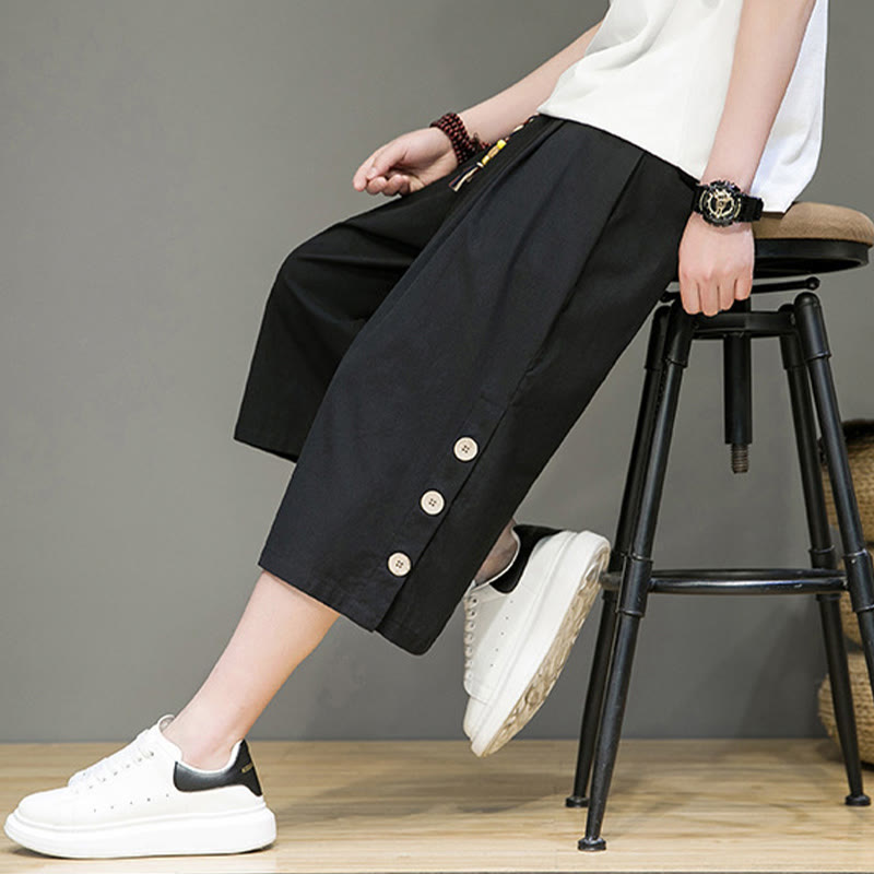 Buddha Stonesカジュアル 無地 サイドボタンデザイン ドローストリング メンズ コットン クロップドパンツ ポケット付き - image 15