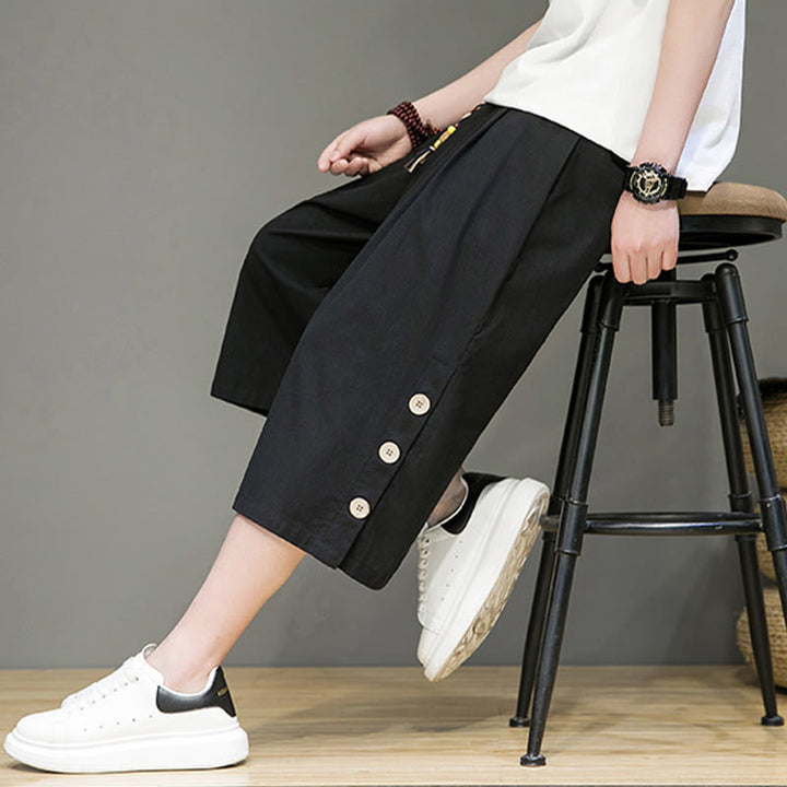 Buddha Stonesカジュアル 無地 サイドボタンデザイン ドローストリング メンズ コットン クロップドパンツ ポケット付き - image 15