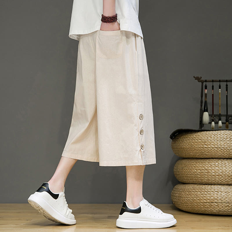 Buddha Stonesカジュアル 無地 サイドボタンデザイン ドローストリング メンズ コットン クロップドパンツ ポケット付き - image 2