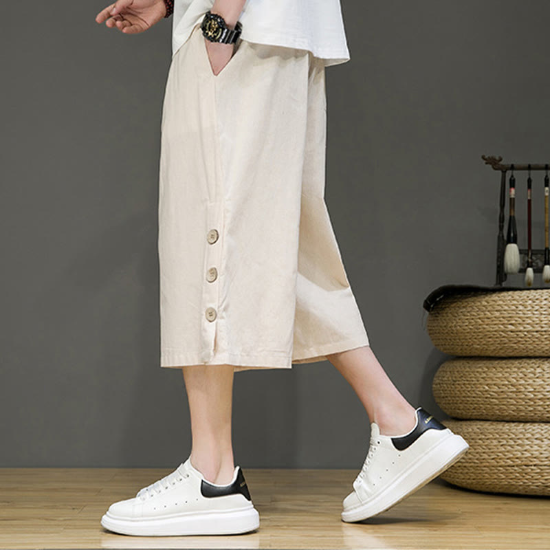 Buddha Stonesカジュアル 無地 サイドボタンデザイン ドローストリング メンズ コットン クロップドパンツ ポケット付き - image 5