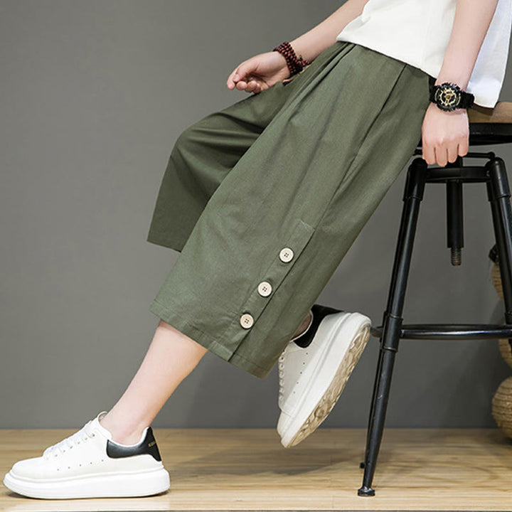 Buddha Stonesカジュアル 無地 サイドボタンデザイン ドローストリング メンズ コットン クロップドパンツ ポケット付き - image 23