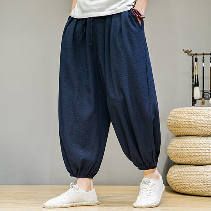 Buddha Stonesサマープレーンドローストリングメンズアンクル丈コットンハーレムパンツ（ポケット付き） - 海軍 - US/UK/AU46、 EU56 (5XL) - image 0