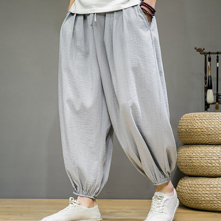 Buddha Stonesサマープレーンドローストリングメンズアンクル丈コットンハーレムパンツ（ポケット付き） - image 10