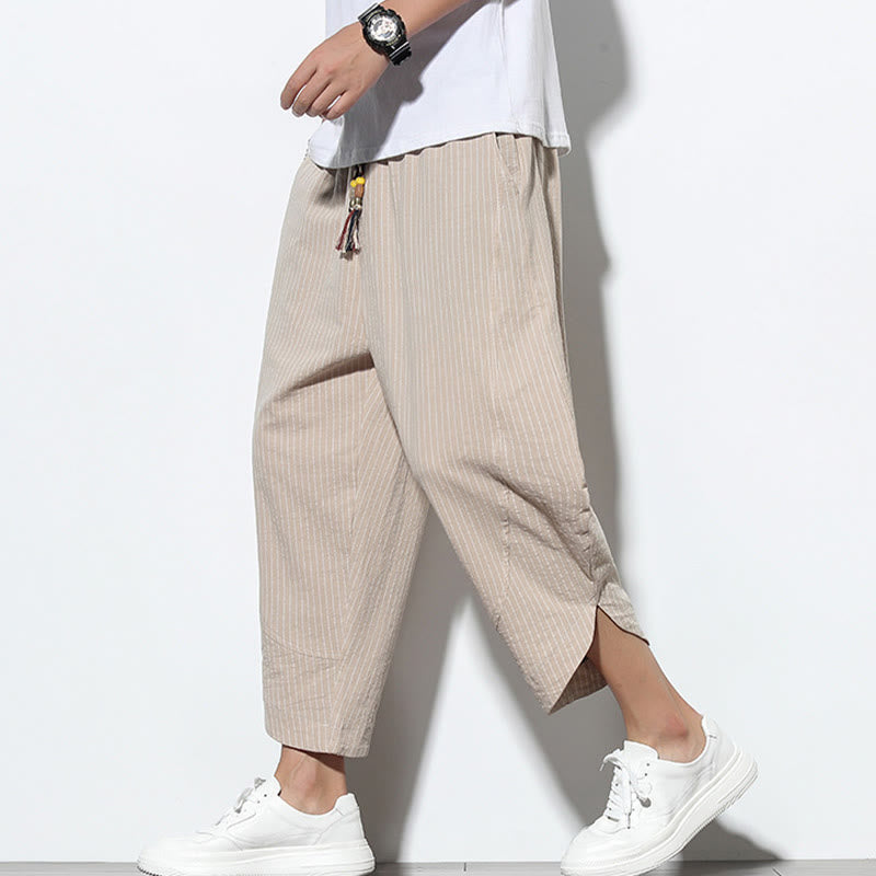 Buddha Stonesサマーストライプ柄 ドローストリング コットンリネン メンズ 7-8丈 ハーレムパンツ ポケット付き - image 1