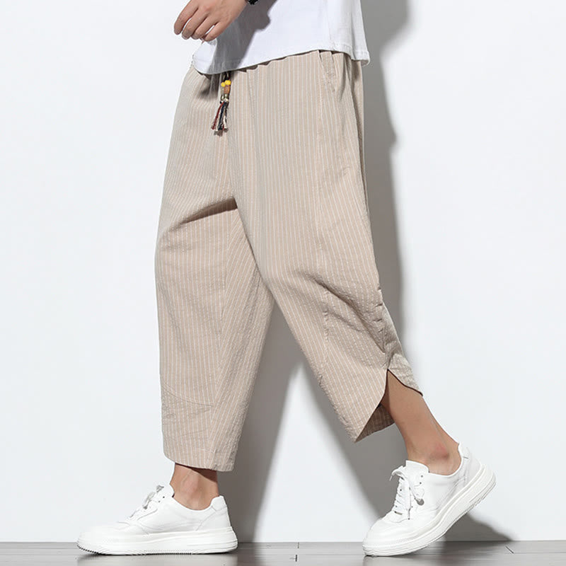Buddha Stonesサマーストライプ柄 ドローストリング コットンリネン メンズ 7-8丈 ハーレムパンツ ポケット付き - image 3