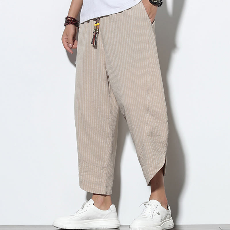 Buddha Stonesサマーストライプ柄 ドローストリング コットンリネン メンズ 7-8丈 ハーレムパンツ ポケット付き - image 6