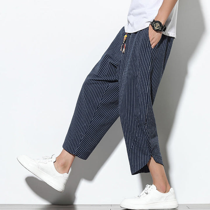 Buddha Stonesサマーストライプ柄 ドローストリング コットンリネン メンズ 7-8丈 ハーレムパンツ ポケット付き - image 36