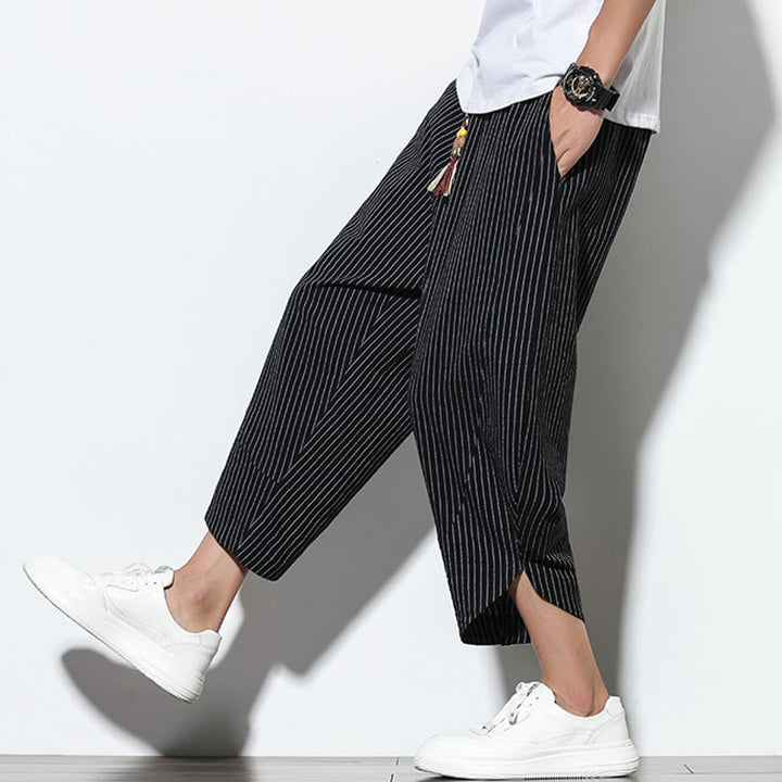 Buddha Stonesサマーストライプ柄 ドローストリング コットンリネン メンズ 7-8丈 ハーレムパンツ ポケット付き - image 16