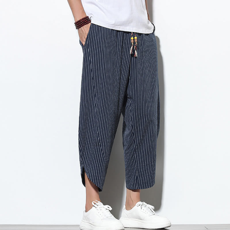 Buddha Stonesサマーストライプ柄 ドローストリング コットンリネン メンズ 7-8丈 ハーレムパンツ ポケット付き - image 34