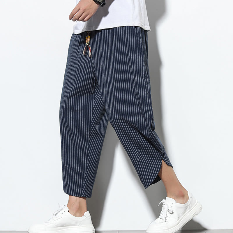 Buddha Stonesサマーストライプ柄 ドローストリング コットンリネン メンズ 7-8丈 ハーレムパンツ ポケット付き - ミッドナイトブルー - US/UK/AU46、 EU56 (5XL) - image 31