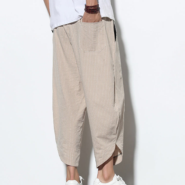 Buddha Stonesサマーストライプ柄 ドローストリング コットンリネン メンズ 7-8丈 ハーレムパンツ ポケット付き - image 8