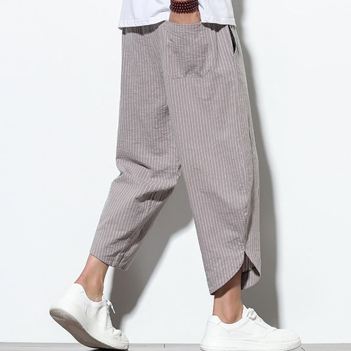 Buddha Stonesサマーストライプ柄 ドローストリング コットンリネン メンズ 7-8丈 ハーレムパンツ ポケット付き - image 28