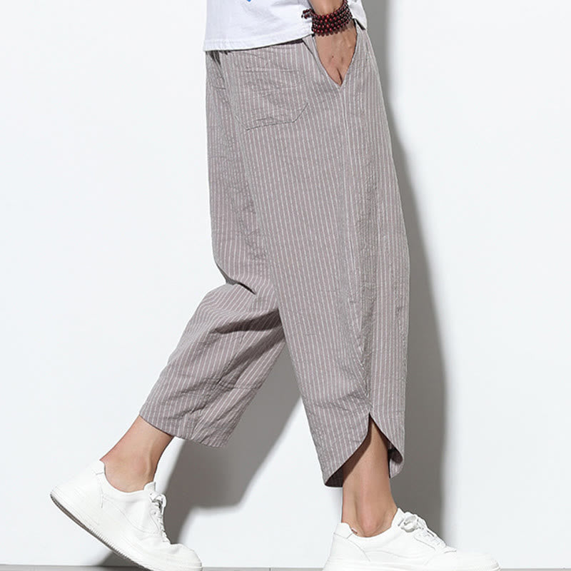 Buddha Stonesサマーストライプ柄 ドローストリング コットンリネン メンズ 7-8丈 ハーレムパンツ ポケット付き - image 29