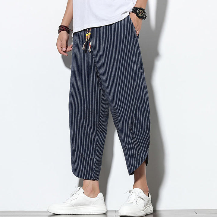 Buddha Stonesサマーストライプ柄 ドローストリング コットンリネン メンズ 7-8丈 ハーレムパンツ ポケット付き - image 32