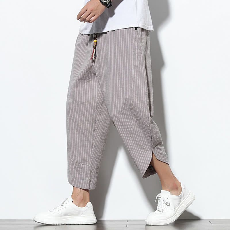 Buddha Stonesサマーストライプ柄 ドローストリング コットンリネン メンズ 7-8丈 ハーレムパンツ ポケット付き - ダークグレー - US/UK/AU46、 EU56 (5XL) - image 22