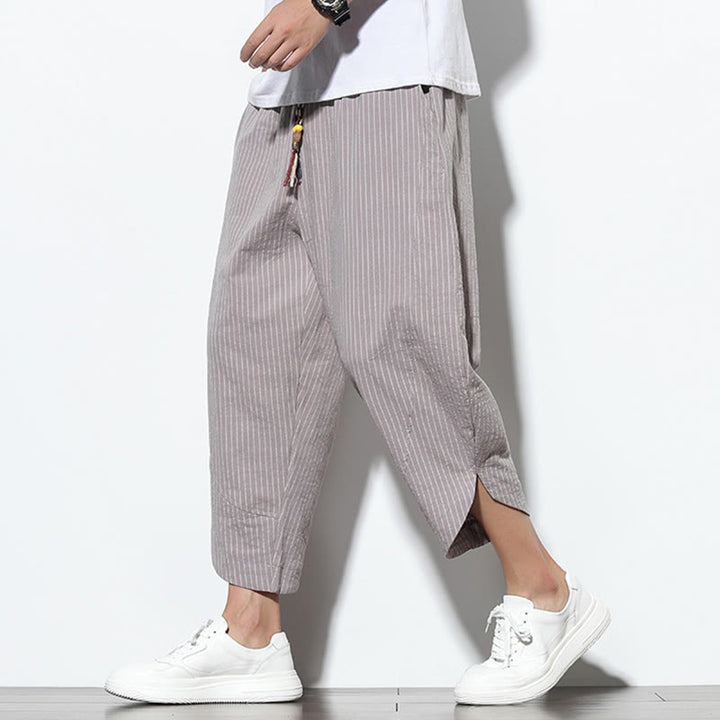 Buddha Stonesサマーストライプ柄 ドローストリング コットンリネン メンズ 7-8丈 ハーレムパンツ ポケット付き - ダークグレー - US/UK/AU46、 EU56 (5XL) - image 22