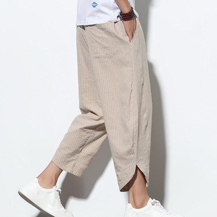 Buddha Stonesサマーストライプ柄 ドローストリング コットンリネン メンズ 7-8丈 ハーレムパンツ ポケット付き - image 2