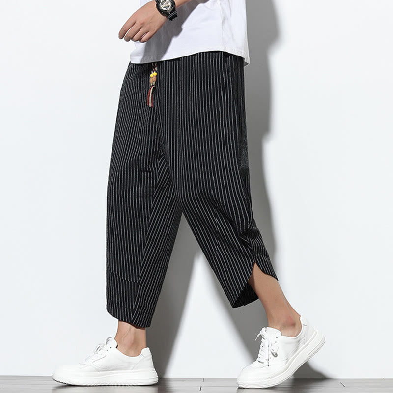 Buddha Stonesサマーストライプ柄 ドローストリング コットンリネン メンズ 7-8丈 ハーレムパンツ ポケット付き - 黒 - US/UK/AU46、 EU56 (5XL) - image 9